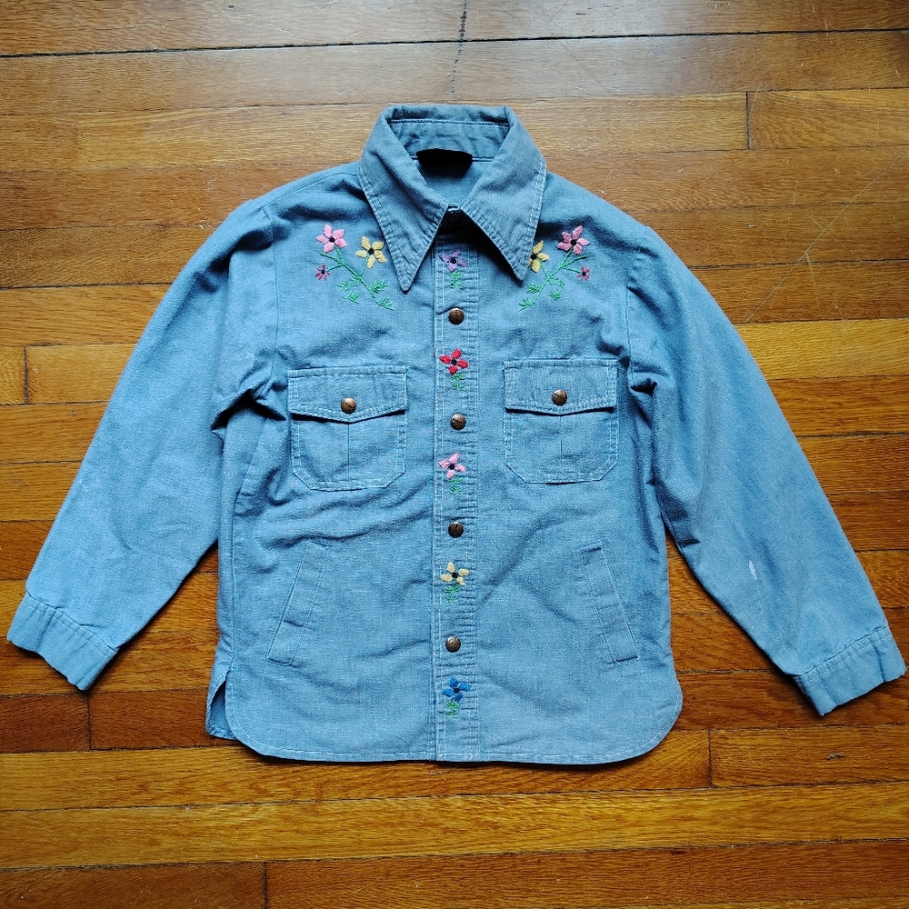 Vintage 1970s Children's Button Down Denim Shirt Hand Embroidered Adult Small